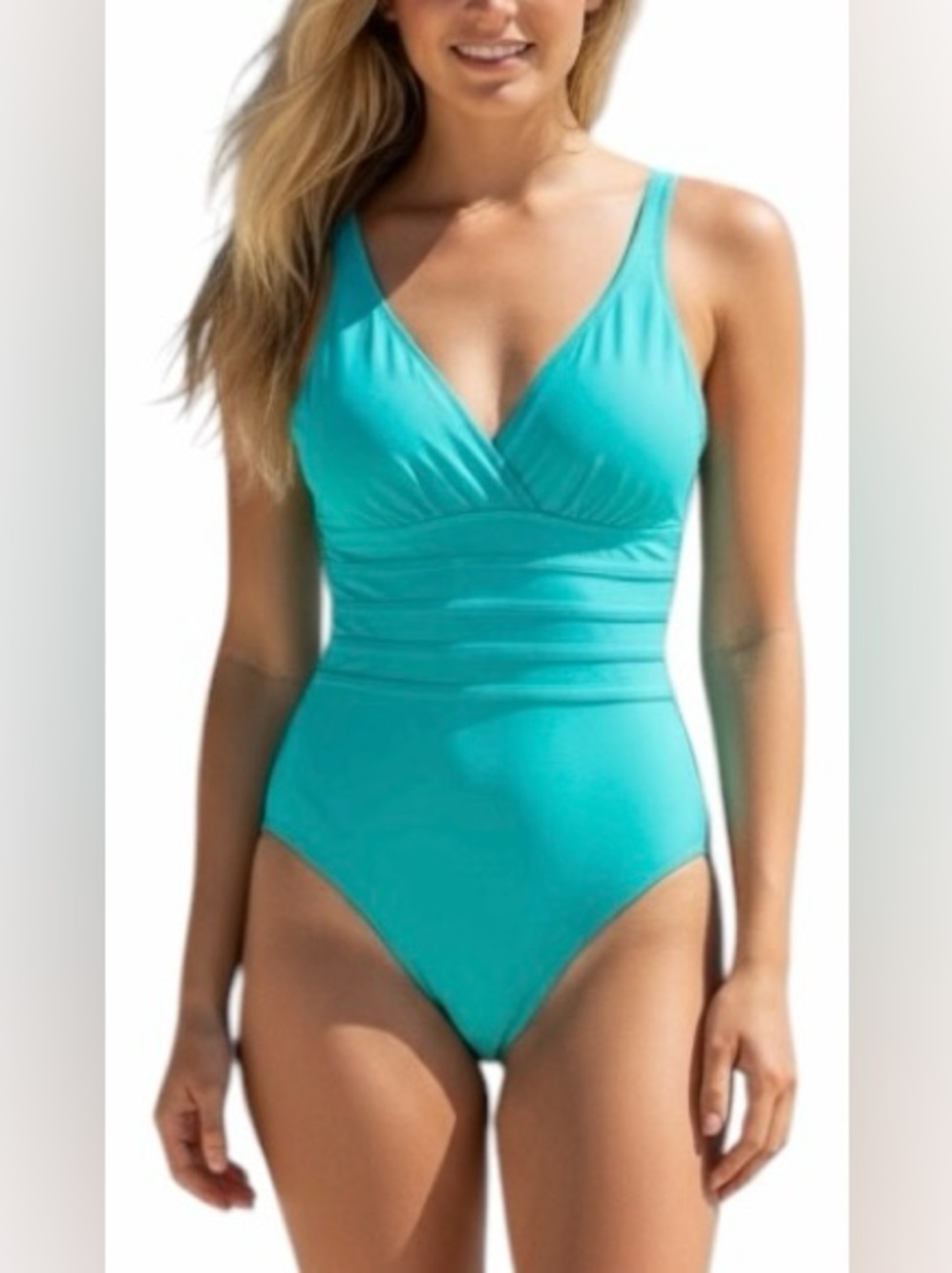 La Blanca Aqua Blue High Neck One Piece Swimsuit Ruched Strappy Back Size 10